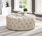 Sherlyn Beige Linen Round Accent Ottoman