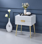 Denvor White Wood End Table with 2 Drawers & Gold Accents