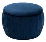 Fleur Navy Pleated Velvet Round Ottoman with Storage