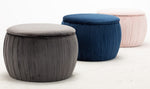 Fleur Navy Pleated Velvet Round Ottoman with Storage