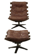 Gandy Retro Brown Top Grain Leather Accent Chair with Ottoman