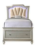 Kaitlyn Champagne Wood/PU Leather Twin Bed with LED & Storage