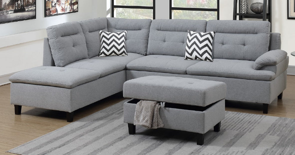 Lettie Grey Linen-Like Fabric LAF Sectional with Ottoman