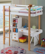 Rutherford White/Natural Wood Twin Loft Bed with 2 Side Desks