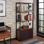 Sara Walnut Wood Bookcase with Espresso PU Leather Doors