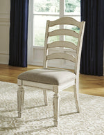 Realyn 2 Neutral Fabric/Chipped White Wood Side Chairs