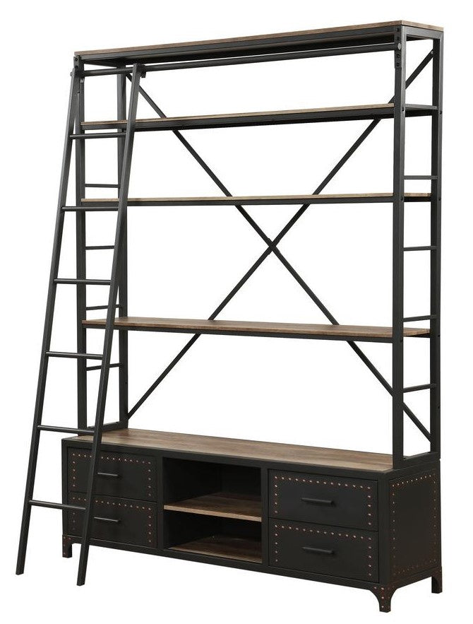 Actaki Sandy Gray Wood/Metal Bookshelf & Rolling Ladder 64"