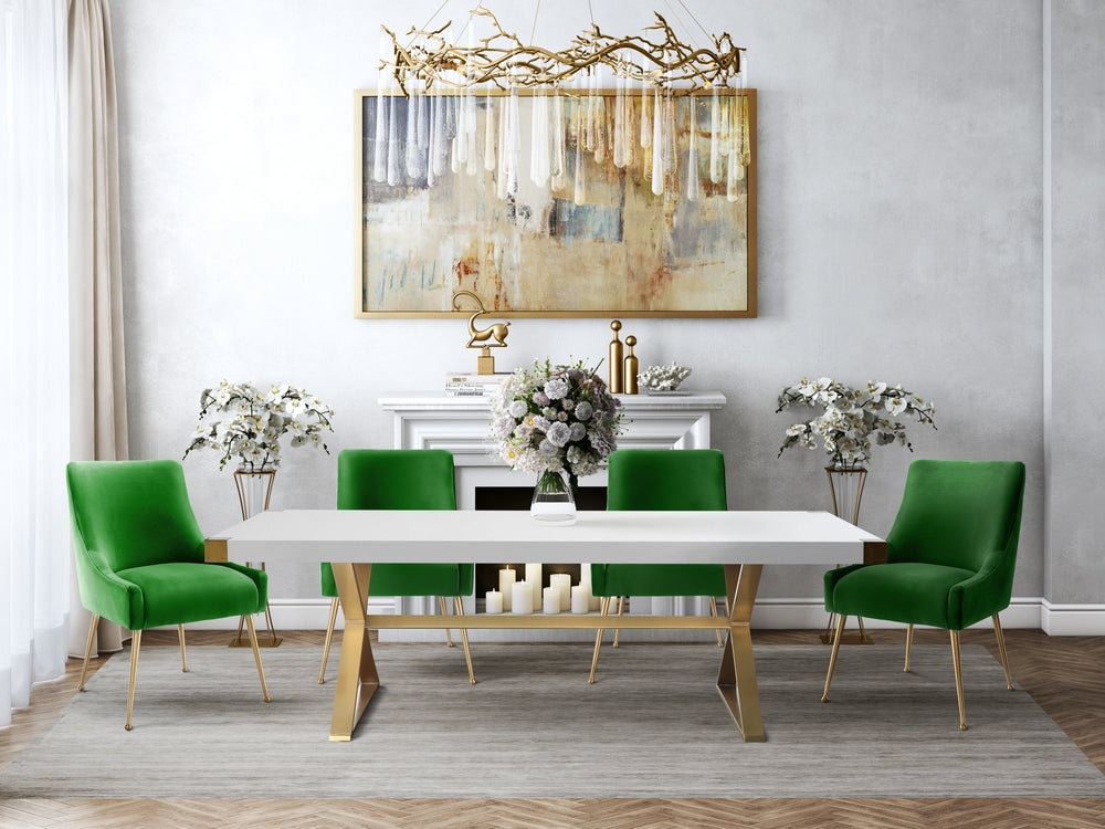 Adeline 5-Pc White/Gold Dining Table Set with Green Chairs