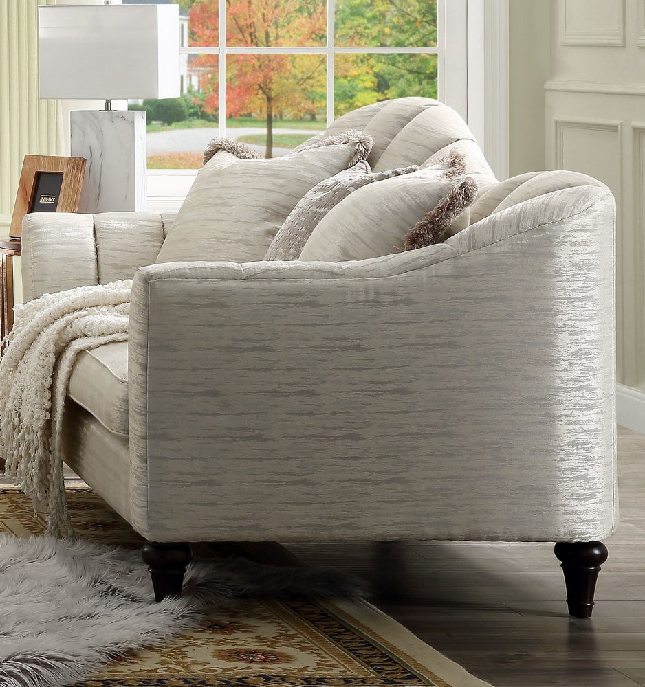 Athalia Shimmering Pearl Fabric Loveseat with 3 Pillows