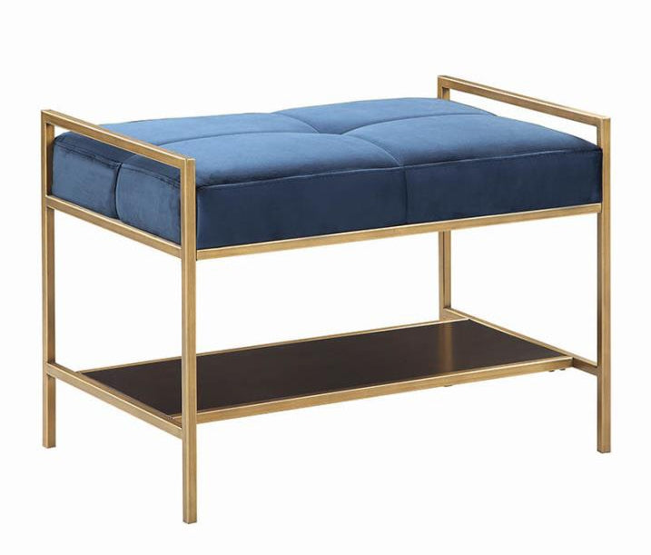 Blakely Navy Blue Velvet/Brass Finish Metal Bench