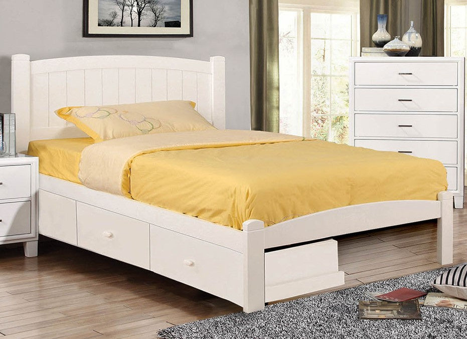 Caren White Wood Full Bed w/Underbed Drawers