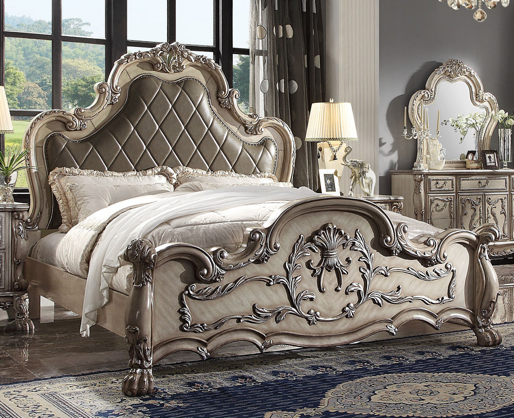 Dresden Vintage Bone White Wood/PU Leather Queen Bed