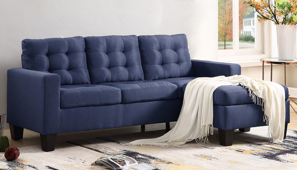 Earsom Blue Linen Tufted Sofa with Ottoman