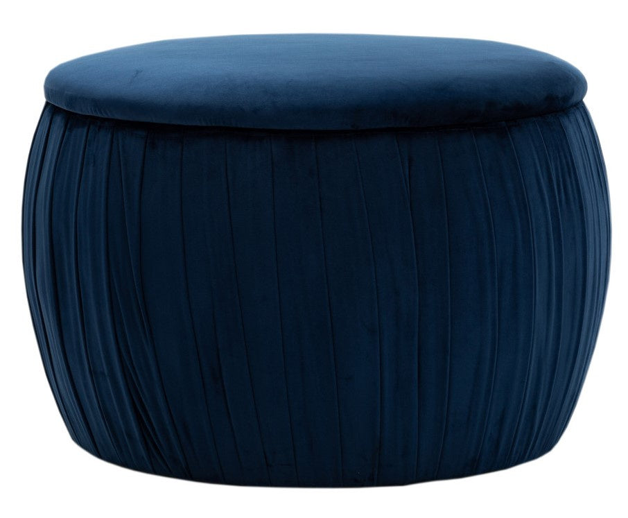 Fleur Navy Pleated Velvet Round Ottoman with Storage