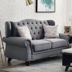 Hannes Gray Fabric Button Tufted Loveseat with 2 Pillows