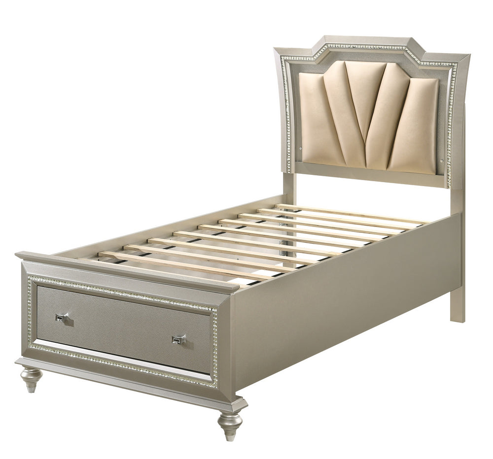 Kaitlyn Champagne Wood/PU Leather Twin Bed with LED & Storage