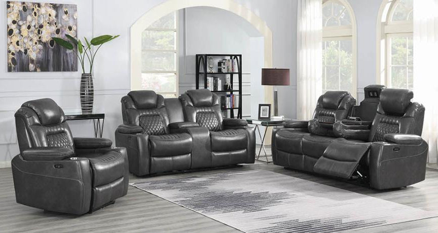 Korbach 3Pc Charcoal Faux Leather 2xPower Recliner Sofa Set