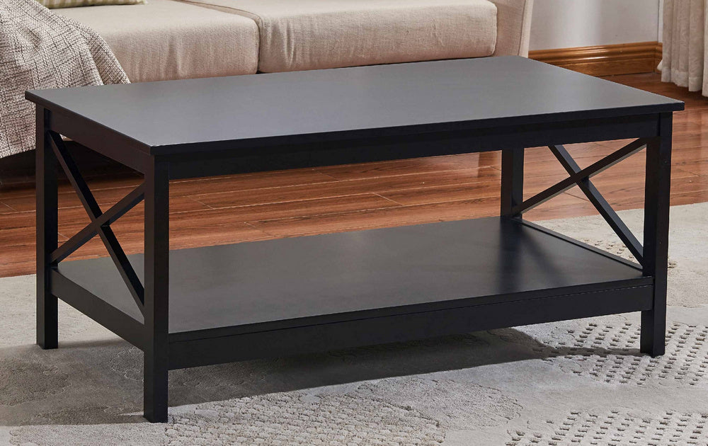 Rosalie Black Wood Coffee Table w/Bottom Shelf