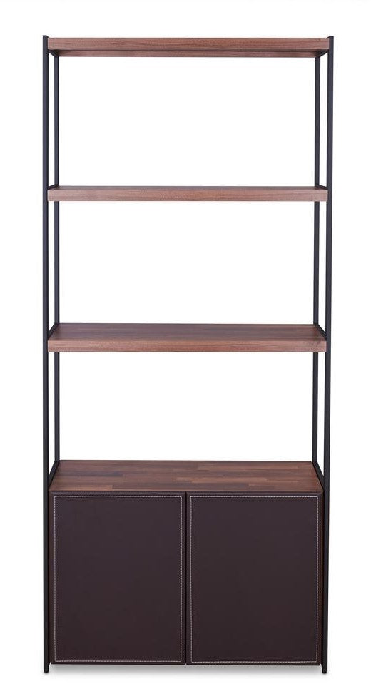 Sara Walnut Wood Bookcase with Espresso PU Leather Doors