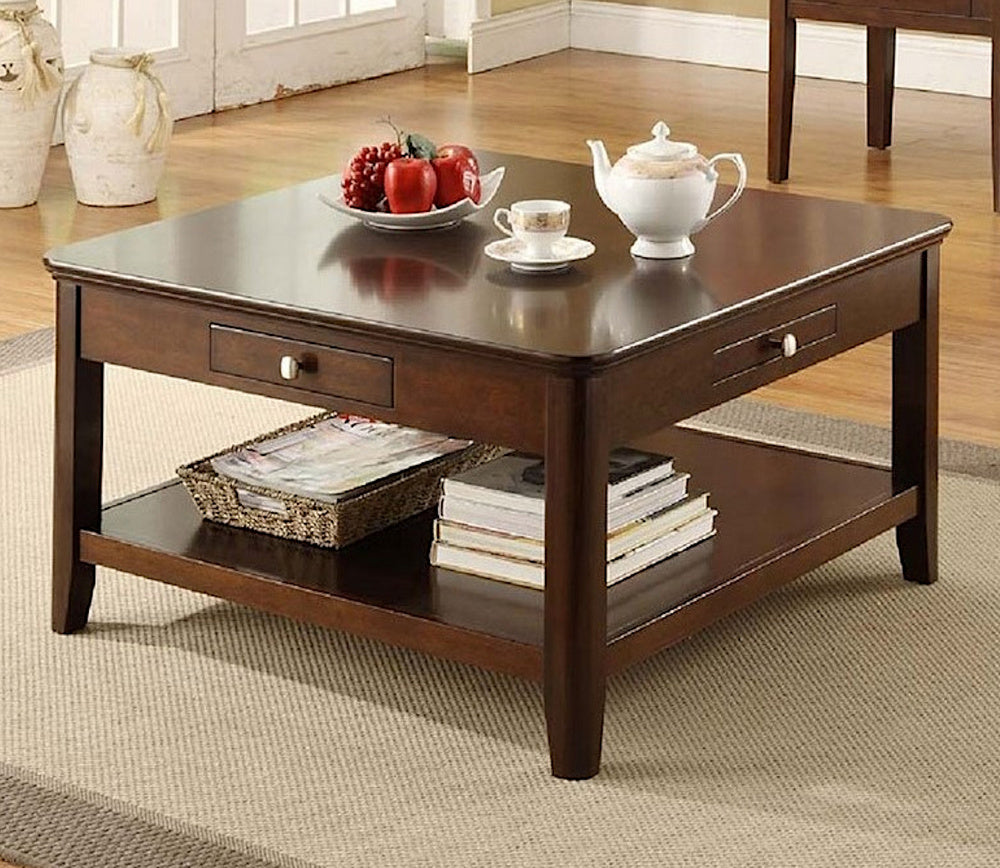 Skyla Walnut Wood Square Coffee Table w/Drawers