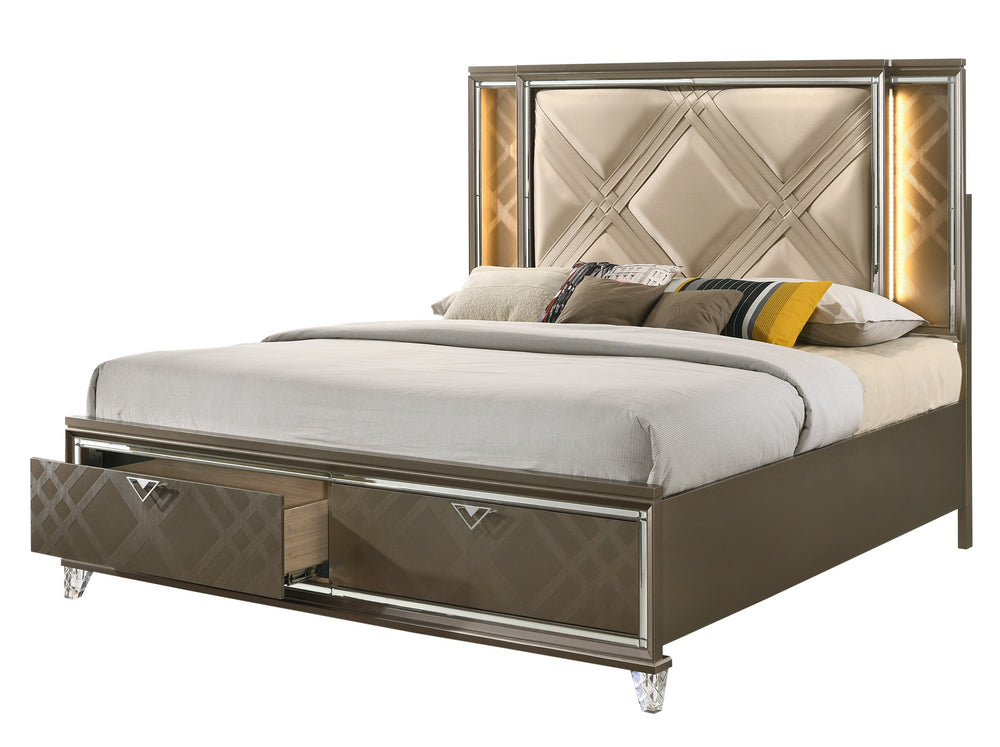 Skylar Dark Champagne Wood Queen Bed with Storage & LED