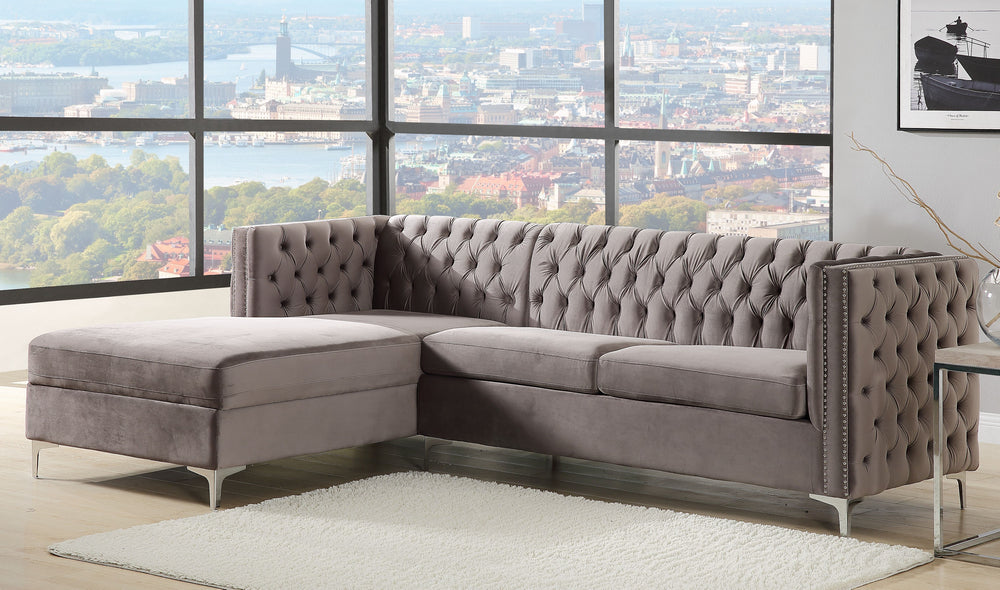 Sullivan 2-Pc Gray Velvet Button Tufted LAF Sectional Sofa