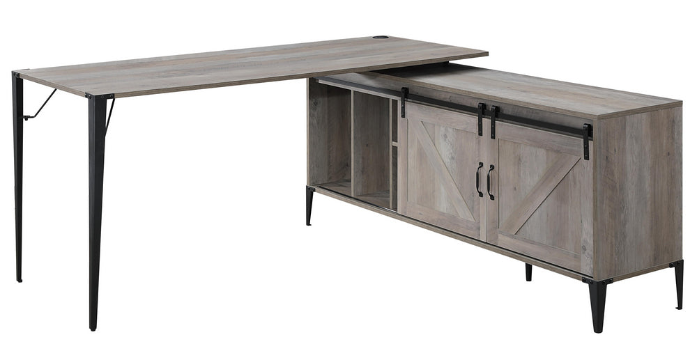 Zakwani Gray Oak Wood Writing Desk & Cabinet with Barn Door