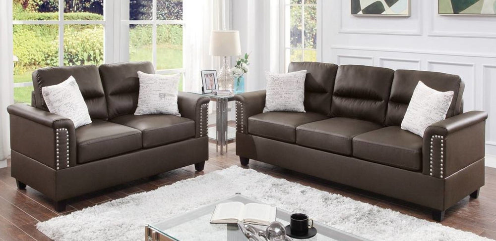 Zorione 2-Pc Espresso Faux Leather Sofa Set with Nailheads